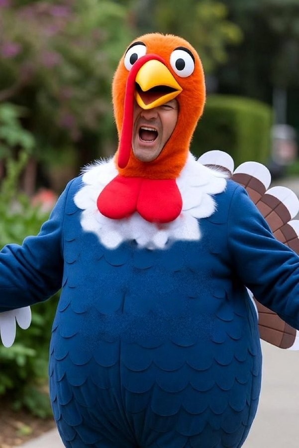 The Dick Gobbler: a large blue turkey in full work plumage, beak open, caught mid-gobble on the route.